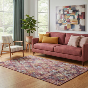 HomeRoots 5' X 8' Ikat Area Rug in Rust, Gold & Gray - Washable, Stain-Resistant, UV Protected, Non-Slip Backing 695626