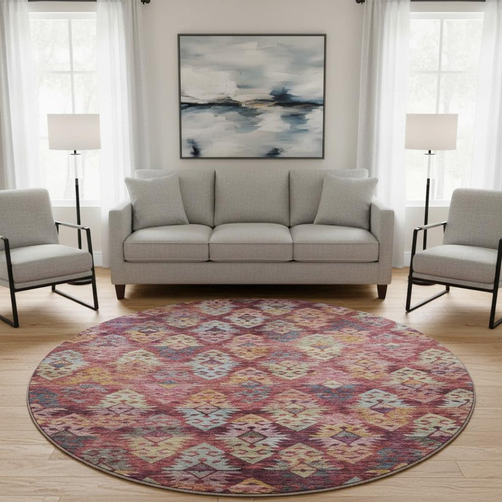 HomeRoots 8' Washable Rust Gold and Gray Ikat Round Rug with UV Protection for Modern Homes & Easy Care 695627