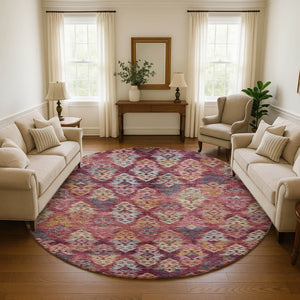 HomeRoots 8' Washable Rust Gold and Gray Ikat Round Rug with UV Protection for Modern Homes & Easy Care 695627