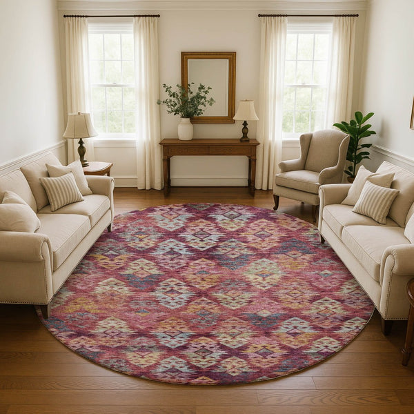 HomeRoots 8' Washable Rust Gold and Gray Ikat Round Rug with UV Protection for Modern Homes & Easy Care 695627