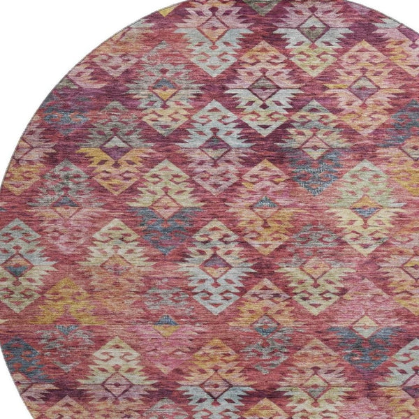HomeRoots 8' Washable Rust Gold and Gray Ikat Round Rug with UV Protection for Modern Homes & Easy Care 695627