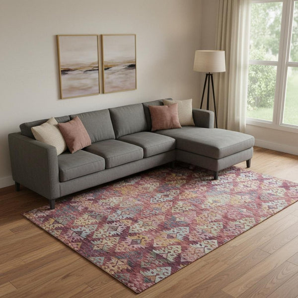 HomeRoots 9' X 12' Washable Ikat Area Rug in Rust, Gold & Gray - UV Protected, Durable, Easy-Care Design 695629