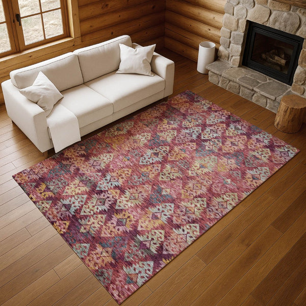 HomeRoots 9' X 12' Washable Ikat Area Rug in Rust, Gold & Gray - UV Protected, Durable, Easy-Care Design 695629