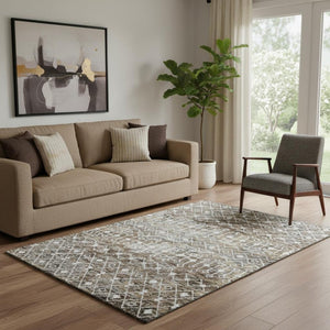 HomeRoots 5' X 8' Washable Area Rug in Brown, Ivory, and Gray - Geometric Design with UV Protection & Durability 695632
