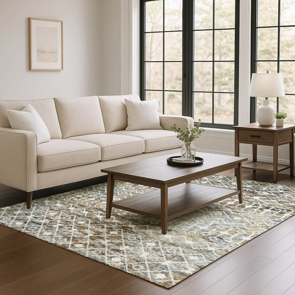 HomeRoots 5' X 8' Washable Area Rug in Brown, Ivory, and Gray - Geometric Design with UV Protection & Durability 695632