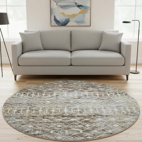 HomeRoots 8' Washable Round Rug with Geometric Brown, Ivory & Gray Design – UV Protected & Non-Slip Backing 695633