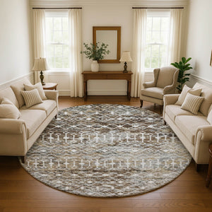 HomeRoots 8' Washable Round Rug with Geometric Brown, Ivory & Gray Design – UV Protected & Non-Slip Backing 695633
