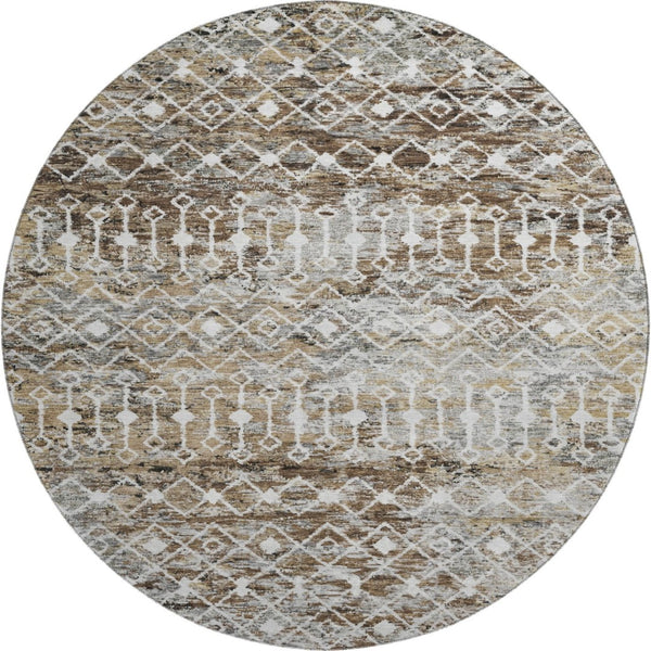 HomeRoots 8' Washable Round Rug with Geometric Brown, Ivory & Gray Design – UV Protected & Non-Slip Backing 695633