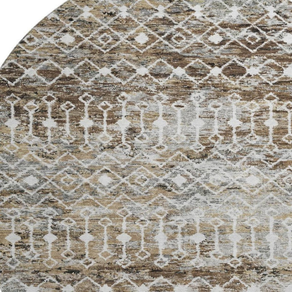 HomeRoots 8' Washable Round Rug with Geometric Brown, Ivory & Gray Design – UV Protected & Non-Slip Backing 695633