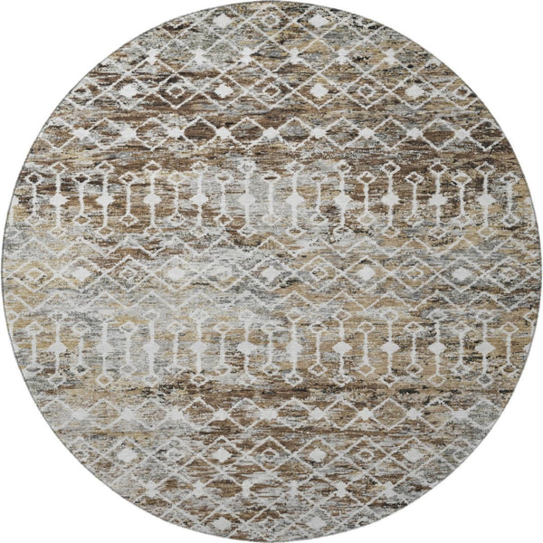 HomeRoots 8' Washable Round Rug with Geometric Brown, Ivory & Gray Design – UV Protected & Non-Slip Backing 695633