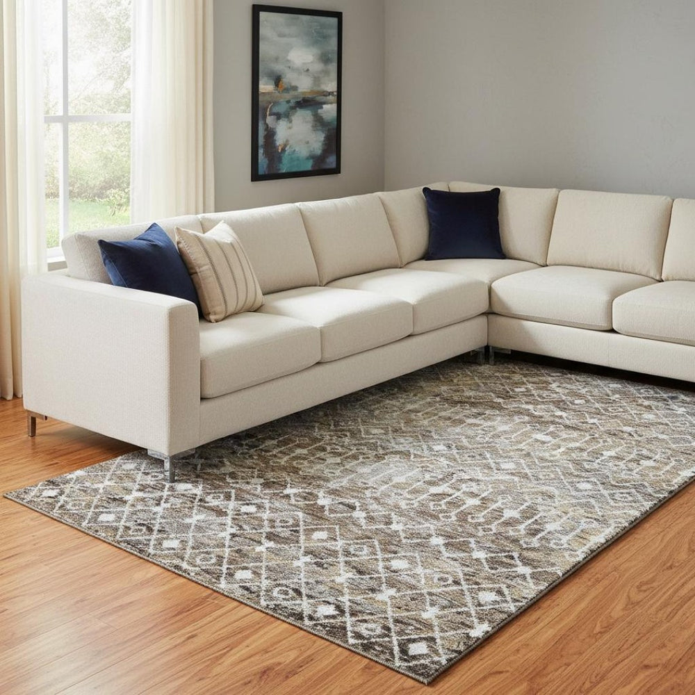 HomeRoots 8' X 10' Brown Ivory Gray Geometric Area Rug - Soft, Washable, Stain Resistant with UV Protection 695634