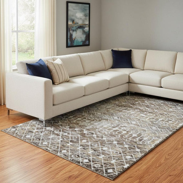 HomeRoots 8' X 10' Brown Ivory Gray Geometric Area Rug - Soft, Washable, Stain Resistant with UV Protection 695634