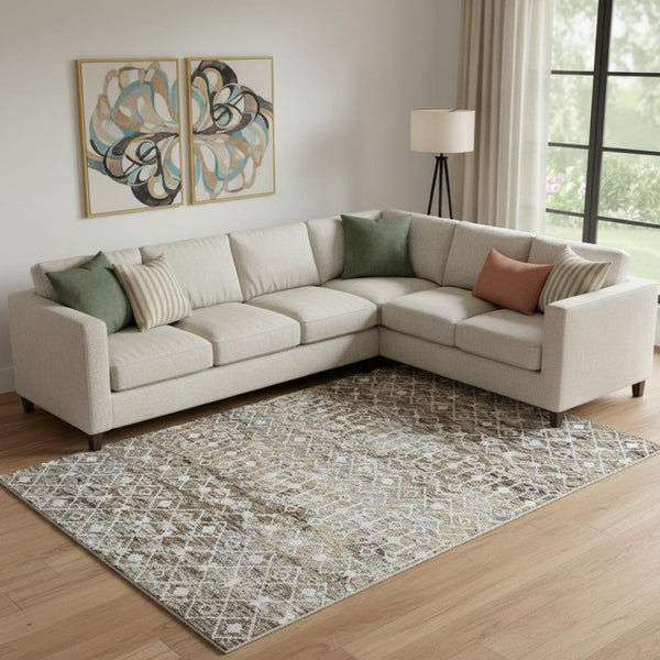 HomeRoots 9' X 12' Stylish Geometric Area Rug in Brown, Ivory, Gray - Washable, UV Protected & Stain Resistant 695635