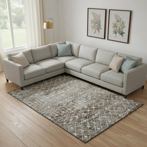HomeRoots 10' X 14' Stylish Brown Ivory Gray Geometric Area Rug - Washable, UV Protection, and Stain Resistant 695636
