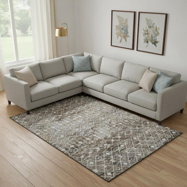 HomeRoots 10' X 14' Stylish Brown Ivory Gray Geometric Area Rug - Washable, UV Protection, and Stain Resistant 695636