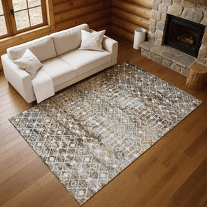 HomeRoots 10' X 14' Stylish Brown Ivory Gray Geometric Area Rug - Washable, UV Protection, and Stain Resistant 695636