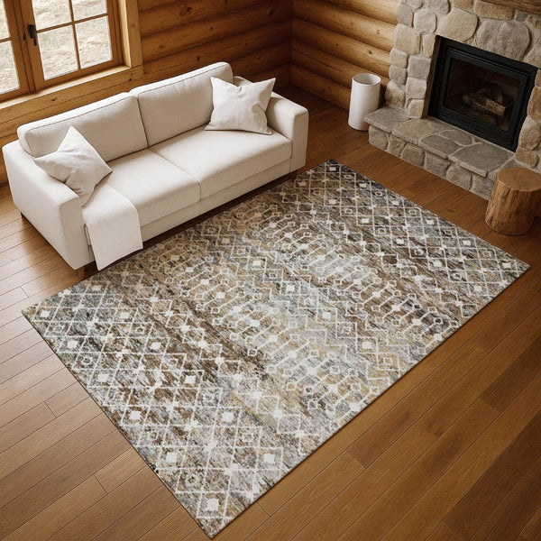 HomeRoots 10' X 14' Stylish Brown Ivory Gray Geometric Area Rug - Washable, UV Protection, and Stain Resistant 695636