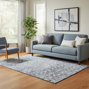 HomeRoots 5' X 8' Blue Ivory Gray Geometric Area Rug - Washable, Stain-Resistant, UV Protected for Homes 695638
