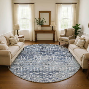 HomeRoots 8' Stylish Blue Ivory Gray Geometric Round Rug – Washable, UV Protected & Non-Slip for Any Space 695639