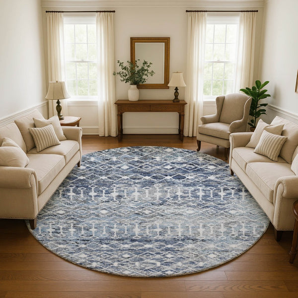 HomeRoots 8' Stylish Blue Ivory Gray Geometric Round Rug – Washable, UV Protected & Non-Slip for Any Space 695639