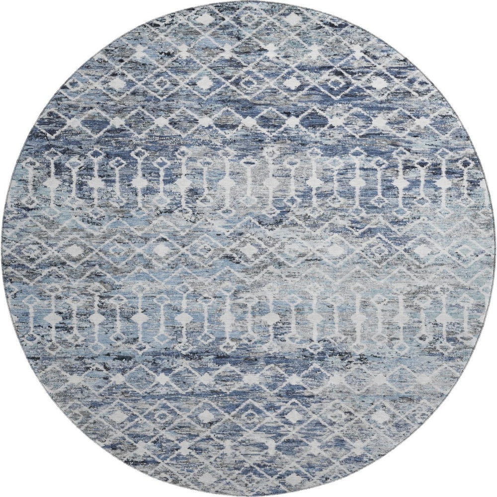HomeRoots 8' Stylish Blue Ivory Gray Geometric Round Rug – Washable, UV Protected & Non-Slip for Any Space 695639