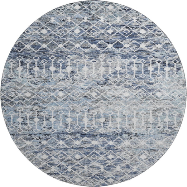 HomeRoots 8' Stylish Blue Ivory Gray Geometric Round Rug – Washable, UV Protected & Non-Slip for Any Space 695639
