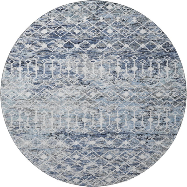 HomeRoots 8' Stylish Blue Ivory Gray Geometric Round Rug – Washable, UV Protected & Non-Slip for Any Space 695639