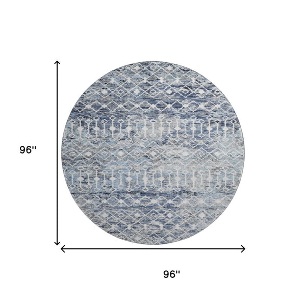 HomeRoots 8' Stylish Blue Ivory Gray Geometric Round Rug – Washable, UV Protected & Non-Slip for Any Space 695639