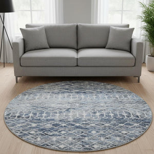 HomeRoots 8' Stylish Blue Ivory Gray Geometric Round Rug – Washable, UV Protected & Non-Slip for Any Space 695639