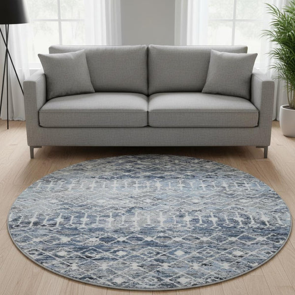 HomeRoots 8' Stylish Blue Ivory Gray Geometric Round Rug – Washable, UV Protected & Non-Slip for Any Space 695639