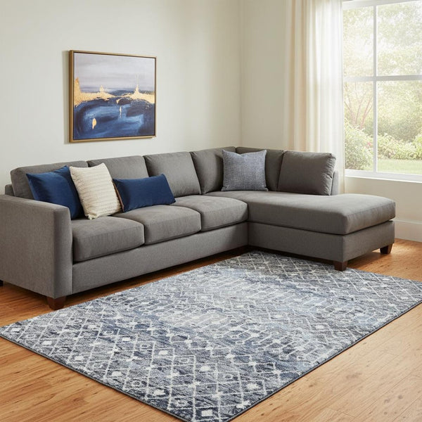 HomeRoots 8' X 10' Washable Blue and Gray Geometric Area Rug with UV Protection for Modern Living Spaces 695640