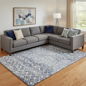 HomeRoots 9' X 12' Modern Geometric Blue Ivory Gray Washable Area Rug with UV Protection & Stain Resistance 695641