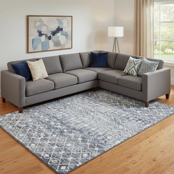 HomeRoots 9' X 12' Modern Geometric Blue Ivory Gray Washable Area Rug with UV Protection & Stain Resistance 695641