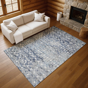 HomeRoots 9' X 12' Modern Geometric Blue Ivory Gray Washable Area Rug with UV Protection & Stain Resistance 695641
