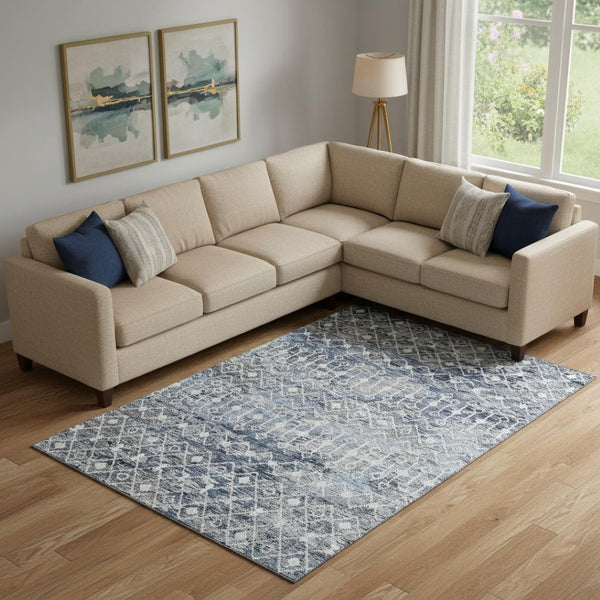HomeRoots 10' Geometric Blue Ivory Gray Area Rug - Washable, UV-Protected, Stain-Resistant, Non-Slip Design 695642