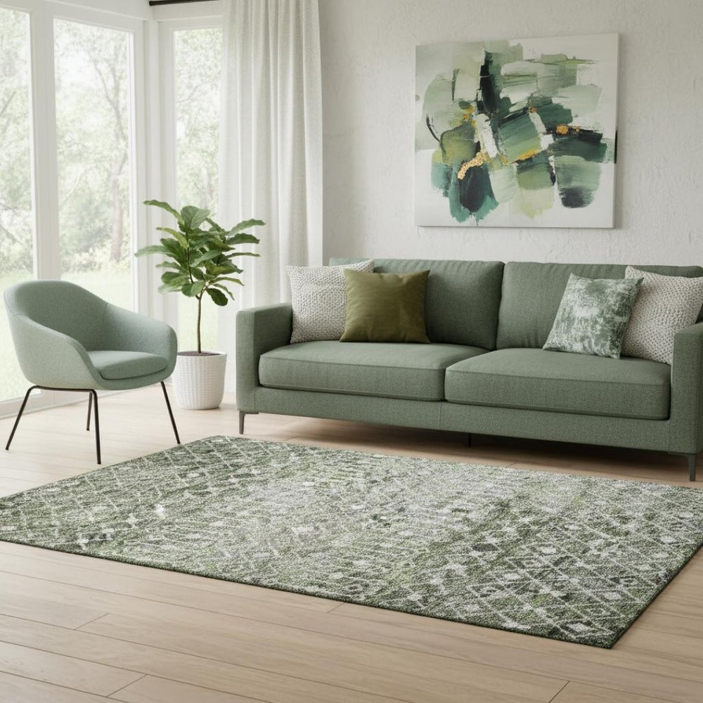 HomeRoots 5' X 8' Olive Green Geometric Washable Area Rug with UV Protection for Stylish, Pet-Friendly Spaces 695644
