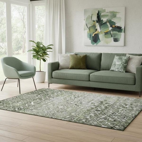HomeRoots 5' X 8' Olive Green Geometric Washable Area Rug with UV Protection for Stylish, Pet-Friendly Spaces 695644