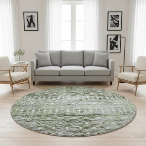 HomeRoots 8' Washable Olive Green, Ivory & Gray Geometric Round Rug with UV Protection for Modern Homes 695645