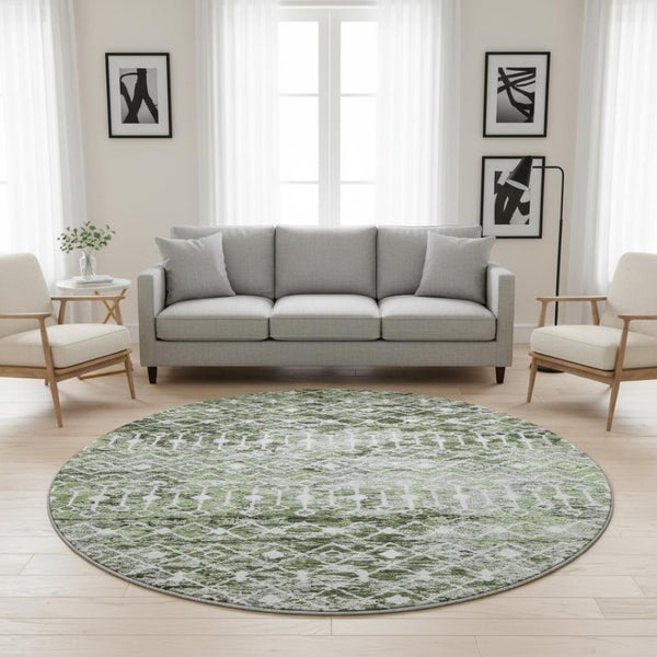 HomeRoots 8' Washable Olive Green, Ivory & Gray Geometric Round Rug with UV Protection for Modern Homes 695645