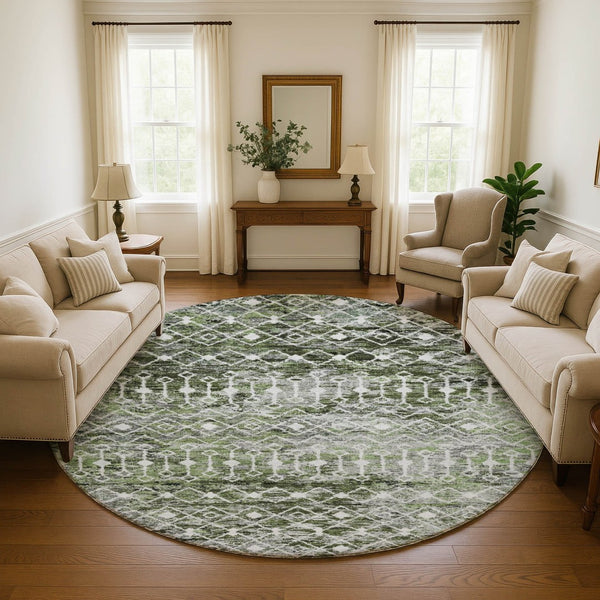 HomeRoots 8' Washable Olive Green, Ivory & Gray Geometric Round Rug with UV Protection for Modern Homes 695645