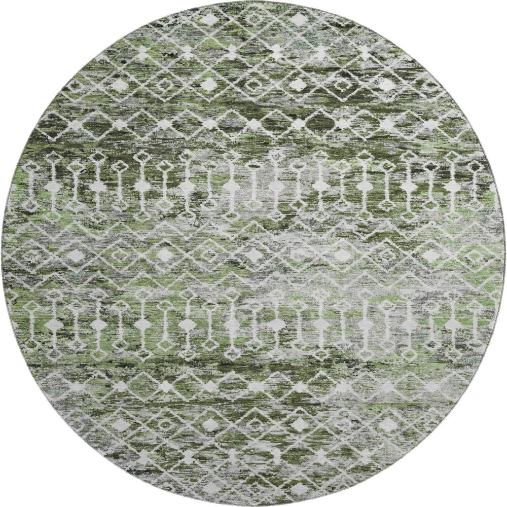 HomeRoots 8' Washable Olive Green, Ivory & Gray Geometric Round Rug with UV Protection for Modern Homes 695645