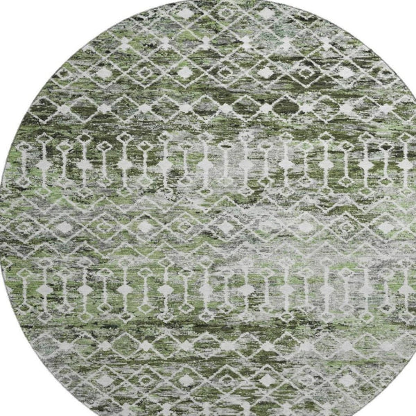 HomeRoots 8' Washable Olive Green, Ivory & Gray Geometric Round Rug with UV Protection for Modern Homes 695645