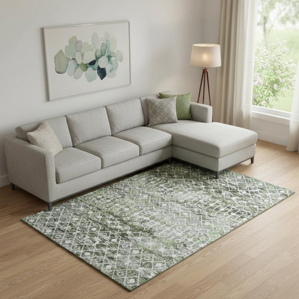 HomeRoots 10' X 14' Olive Green, Ivory & Gray Geometric Area Rug - Washable, UV Protected for High-Traffic Homes 695648