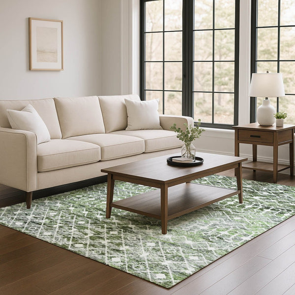 HomeRoots 10' X 14' Olive Green, Ivory & Gray Geometric Area Rug - Washable, UV Protected for High-Traffic Homes 695648