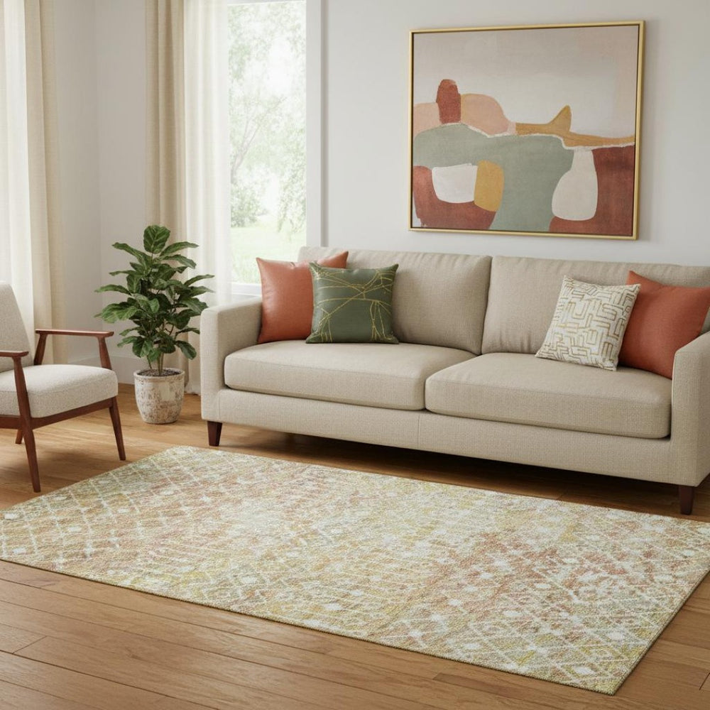HomeRoots 5' X 8' Peach Ivory Gold Geometric Area Rug - Washable, UV Protected, Non-Slip Backing, Stain Resistant 695650