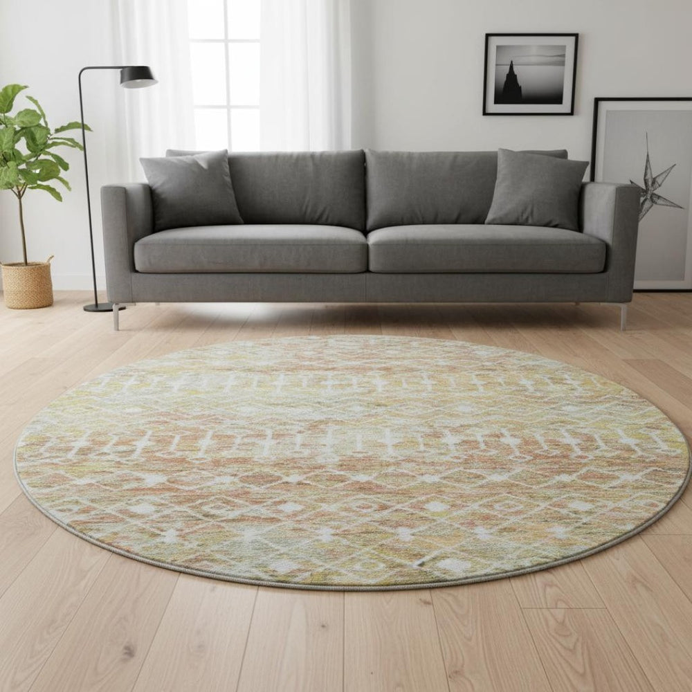 HomeRoots 8' Stylish Peach Ivory Gold Geometric Round Rug - Washable, UV Protected, Non-Slip, Stain Resistant 695651