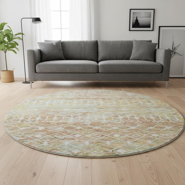 HomeRoots 8' Stylish Peach Ivory Gold Geometric Round Rug - Washable, UV Protected, Non-Slip, Stain Resistant 695651