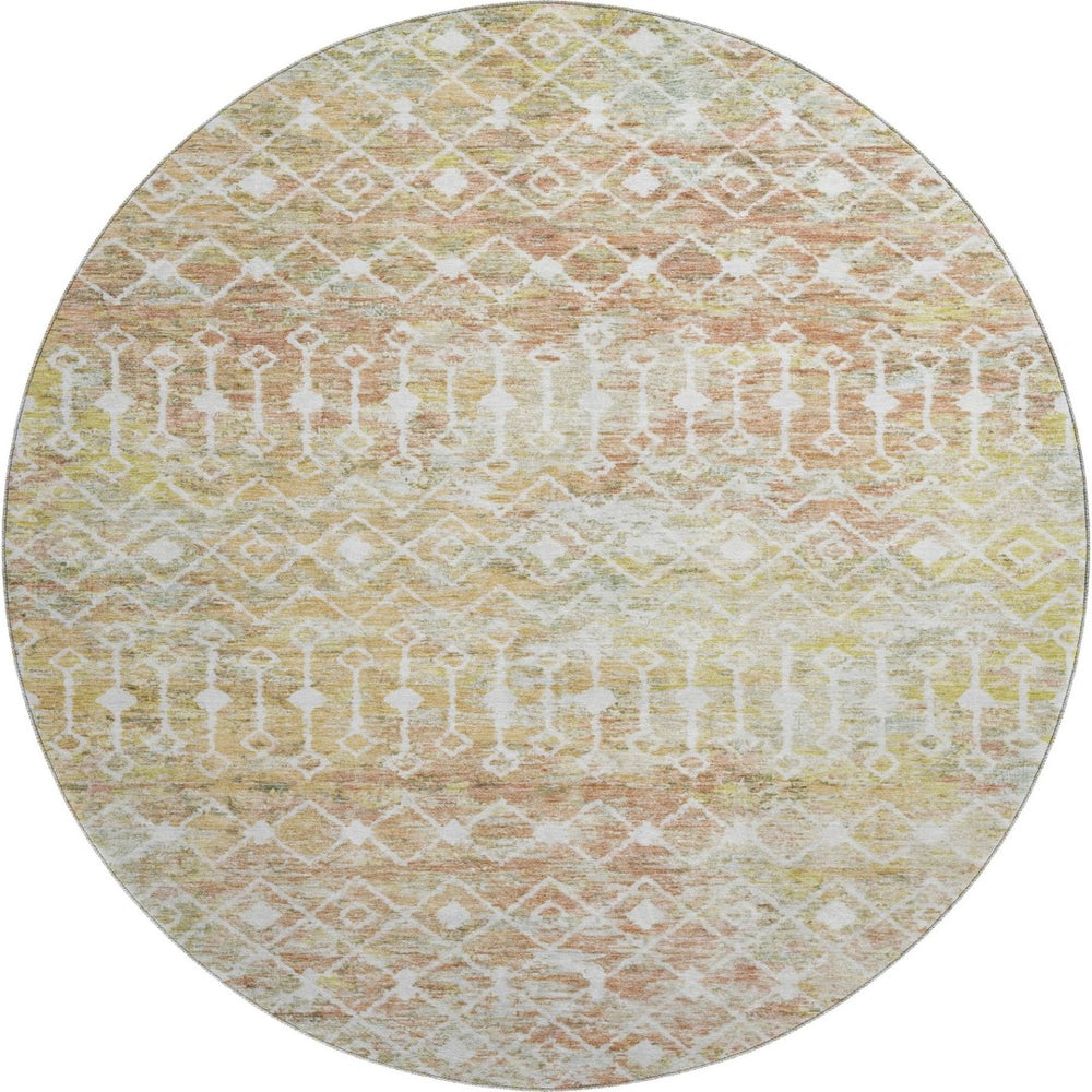 HomeRoots 8' Stylish Peach Ivory Gold Geometric Round Rug - Washable, UV Protected, Non-Slip, Stain Resistant 695651