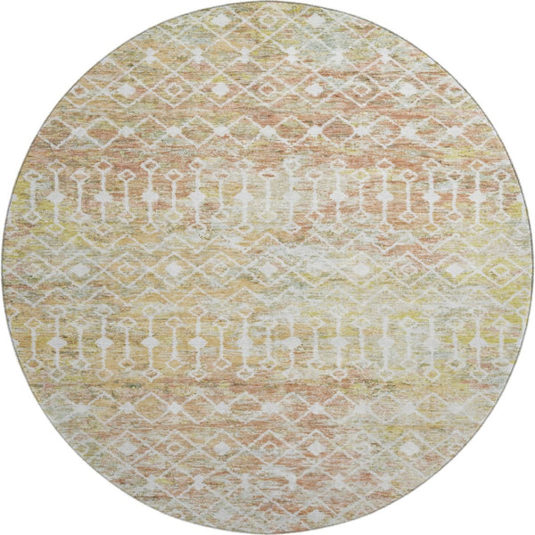 HomeRoots 8' Stylish Peach Ivory Gold Geometric Round Rug - Washable, UV Protected, Non-Slip, Stain Resistant 695651