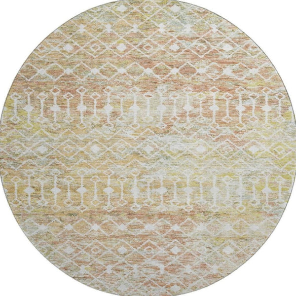 HomeRoots 8' Stylish Peach Ivory Gold Geometric Round Rug - Washable, UV Protected, Non-Slip, Stain Resistant 695651